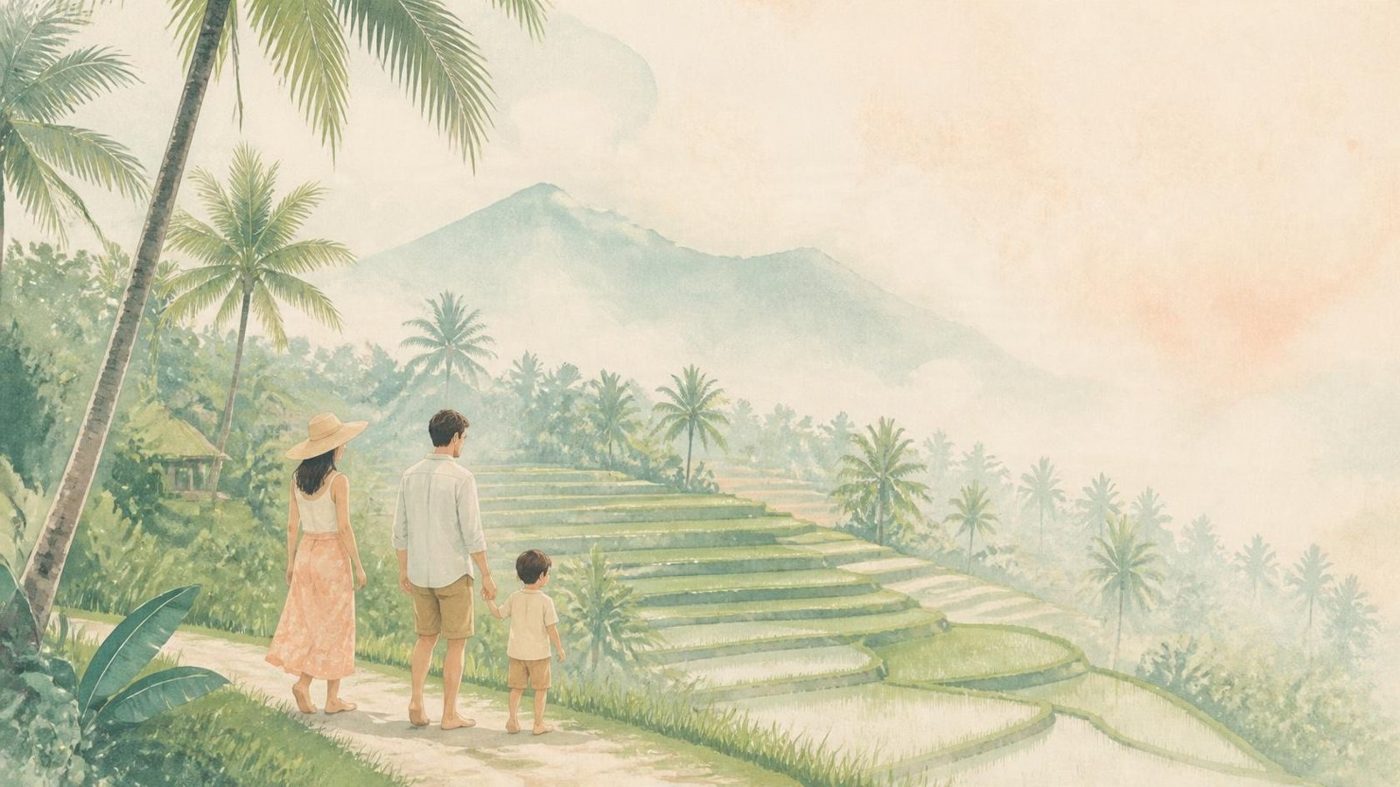 Ilustração de uma família à beira dos arrozais