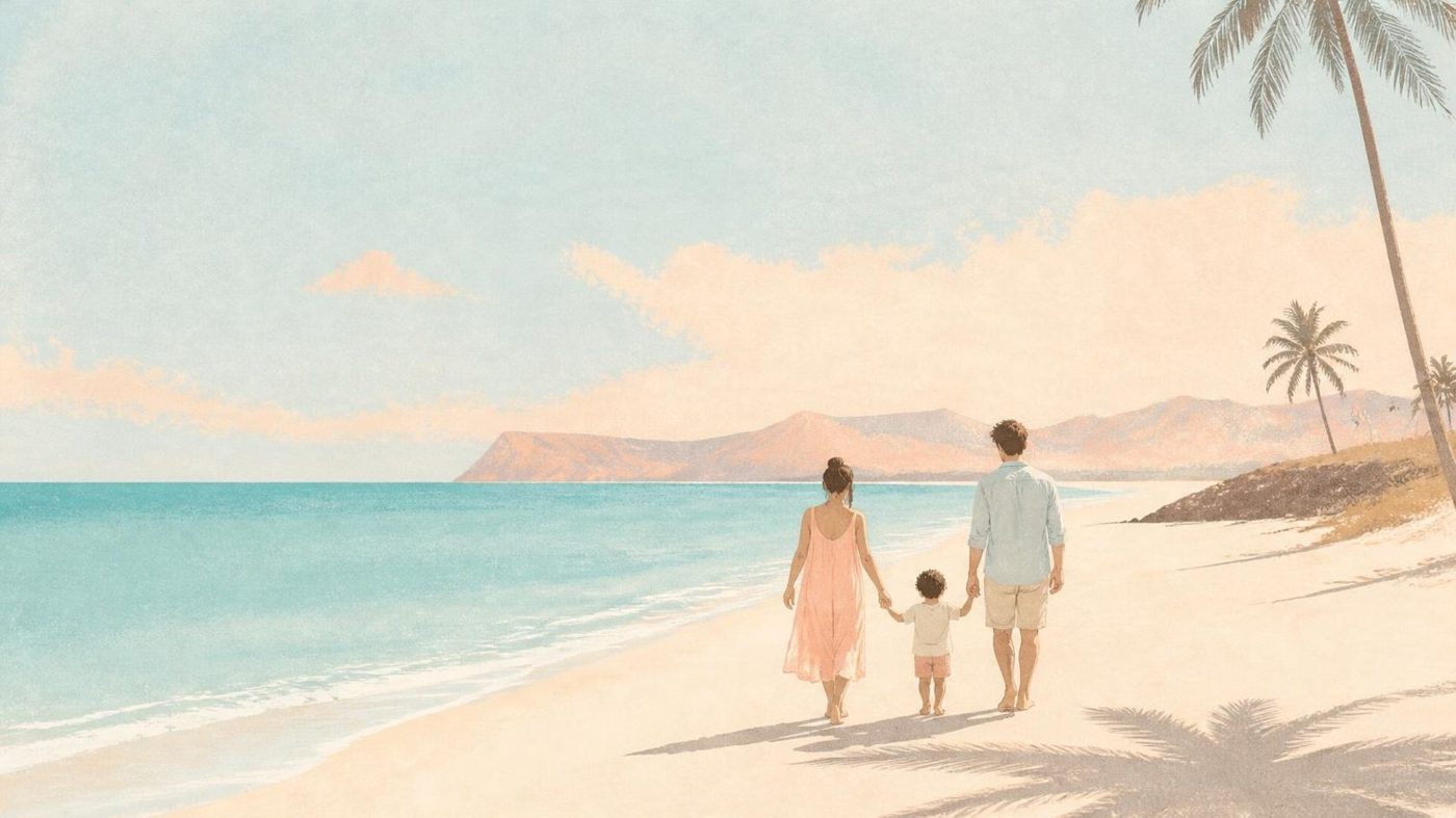 Ilustração de uma família a caminhar de mãos dadas na praia