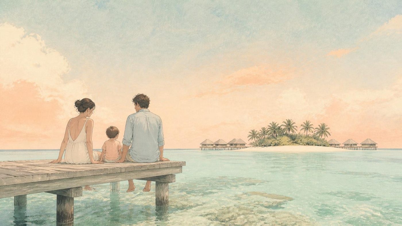 Ilustração de uma família num pontão sobre a lagoa
