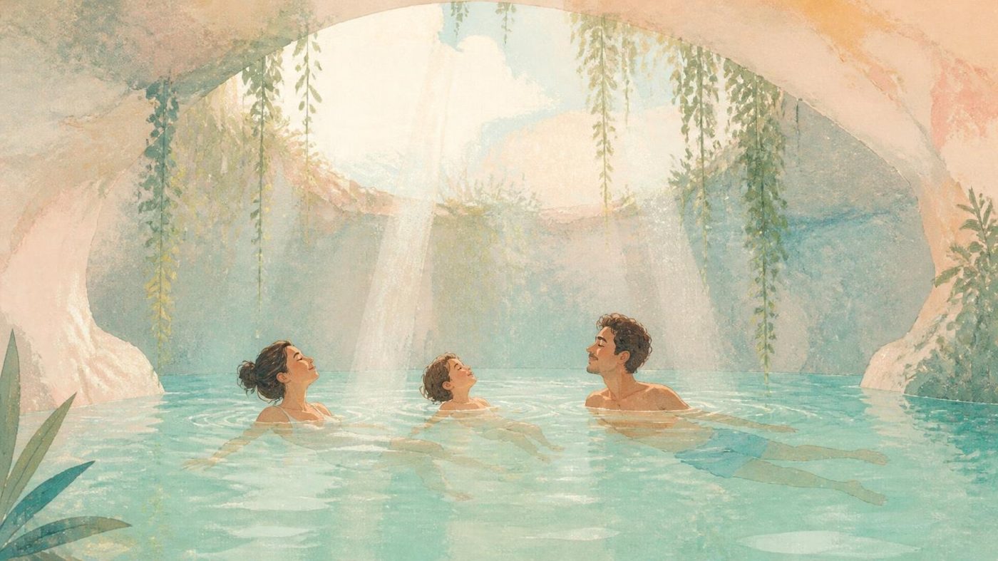 Ilustração de uma família a nadar num cenote